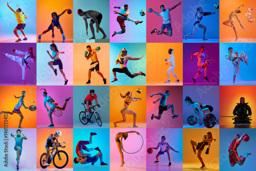 Obraz na płótnie Collage with different athletes, men and women performing sports in motion over multicolor neon backgrounds. Concept of professional sport, competition, championship, action w salonie