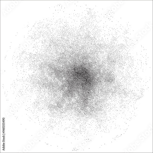 A dense scattering of small black dots forms a central dark point on a white background.