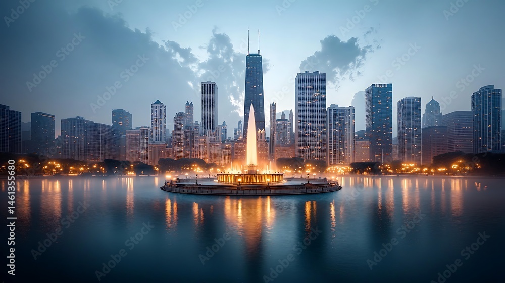 Fototapeta premium Cityscape with a fountain in lake, tall skyscrapers visible with lights