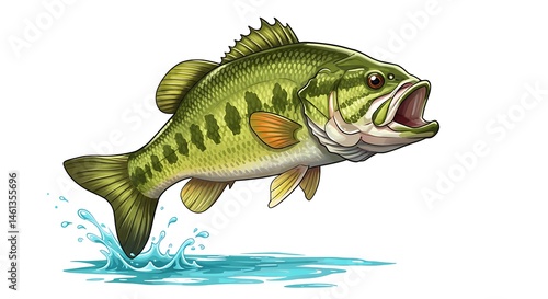 cute cartoon illustration, largemouth bass jumping spring created with technology, ai, generative. ,isolated on bright background, no text