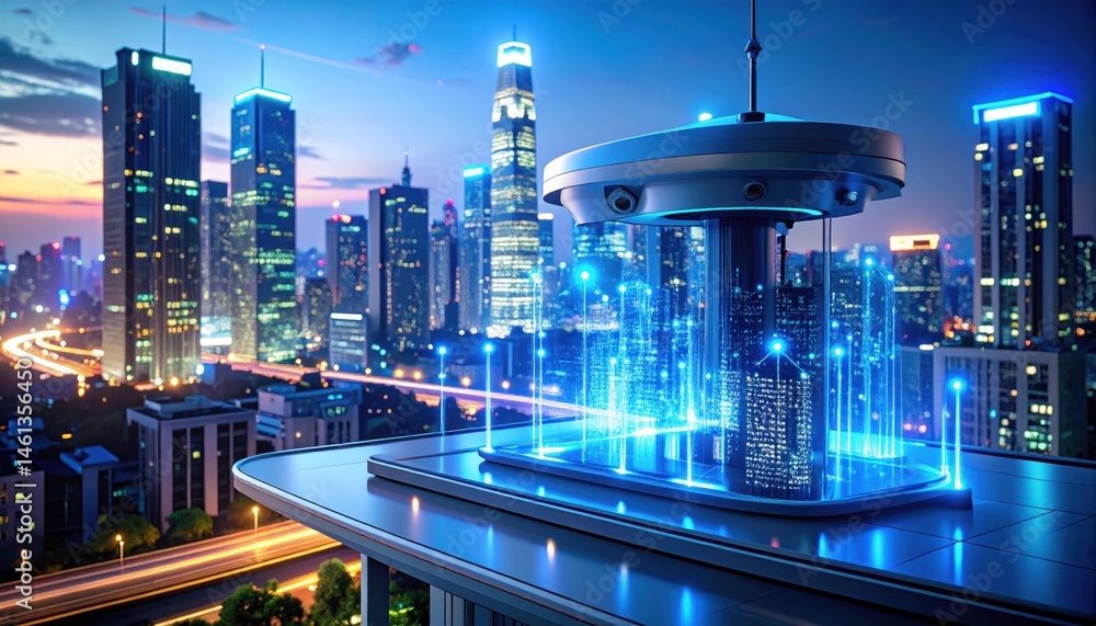 Fototapeta premium Futuristic City Skyline with Digital Projection at Night