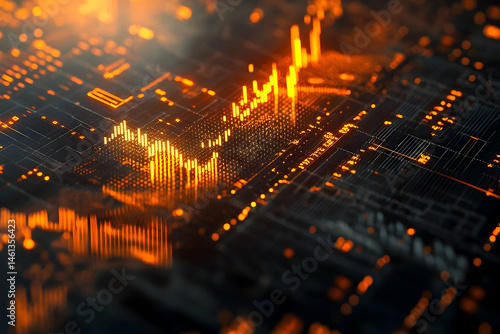 Intricate digital circuit board design with glowing orange data lines.