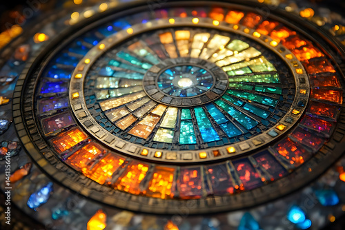 Circular, multicolored mosaic design with intricate patterns.