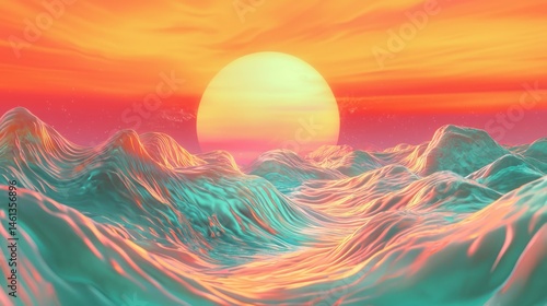 Colorful digital landscape with a vibrant sunset.
