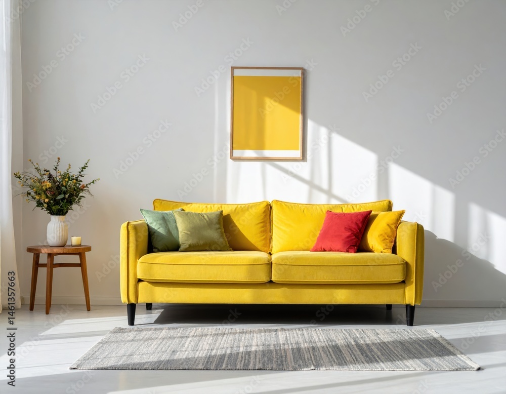 Fototapeta premium Minimalist home interior design of modern Living Roomoom with a yellow sofa adorned with colorf