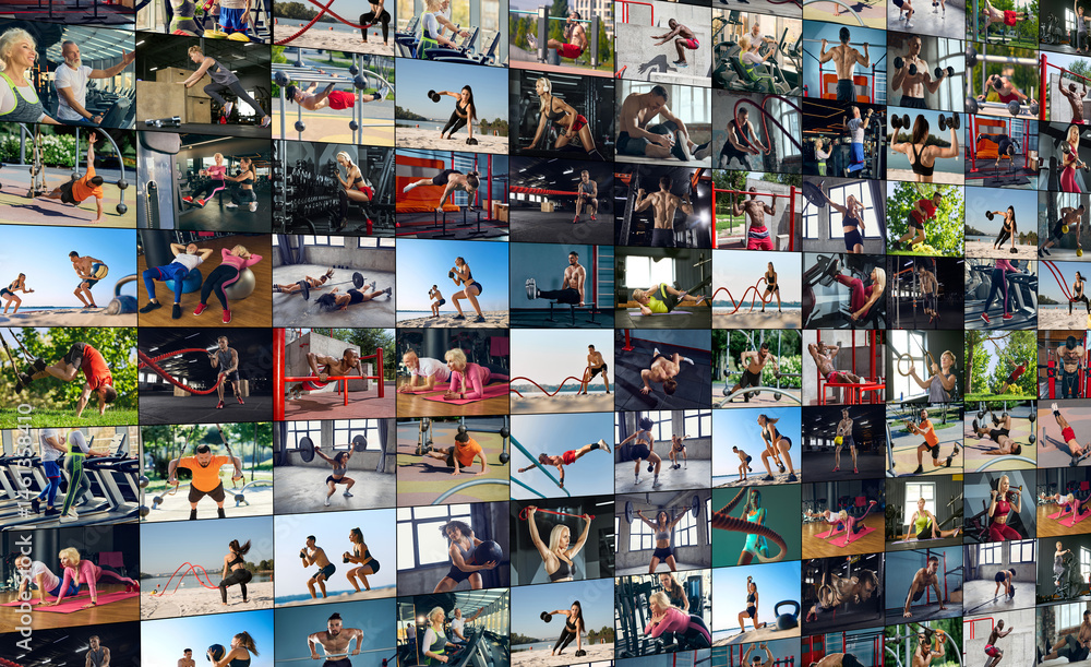 Battle ropes, weights, bodyweight training, squats, presses and strength workouts. Collage with athletes in motion in fitness settings indoor and outdoor. Competition, sport, active lifestyle concept