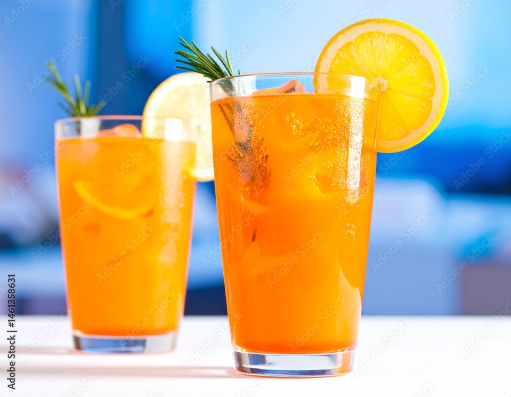 Two orange cocktails with lemon slices and rosemary sprigs rest side by side on a white surface, set against a softly blurred blue-toned indoor background. Two orange cocktails with lemon slices and rosemary sprigs rest side by side on a white surface, set against a softly blurred blue-toned indoor background.