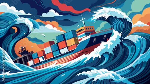 A container ship battles massive waves in a turbulent ocean seen from above symbolizing volatile markets economic instability and the struggle to navigate