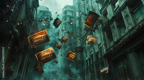 Urban cityscape with floating money.