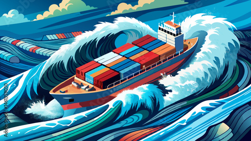 A container ship battles massive waves in a turbulent ocean seen from above symbolizing volatile markets economic instability and the struggle to navigate