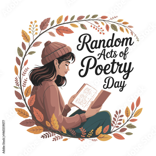 Illustration of a woman reading for random acts of poetry day with autumnal foliage