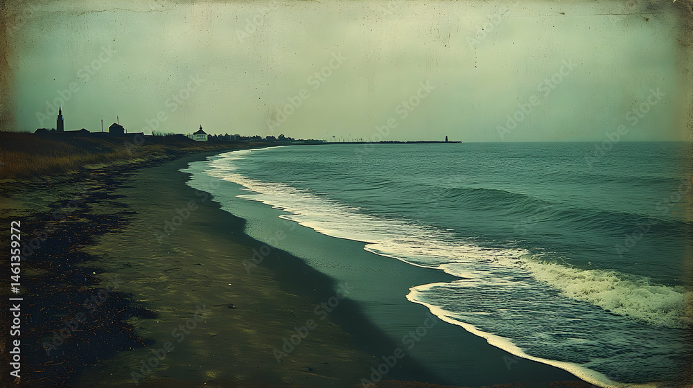 Fototapeta premium Serene coastal scene a tranquil beach stretches towards a distant town under a muted sky, gentle waves lapping the shore