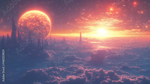 Floating city landscape with a fiery sunset.