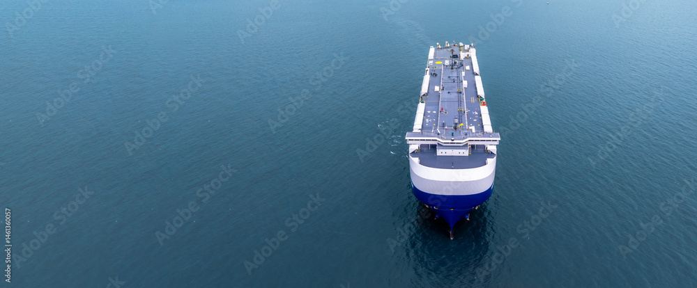Aerial view RoRo Ship business logistic and transportation sea freight, Cargo and RoRo ship Roll On Roll Off ship at sea, Car carrier ship RO-RO Roll on Roll off.