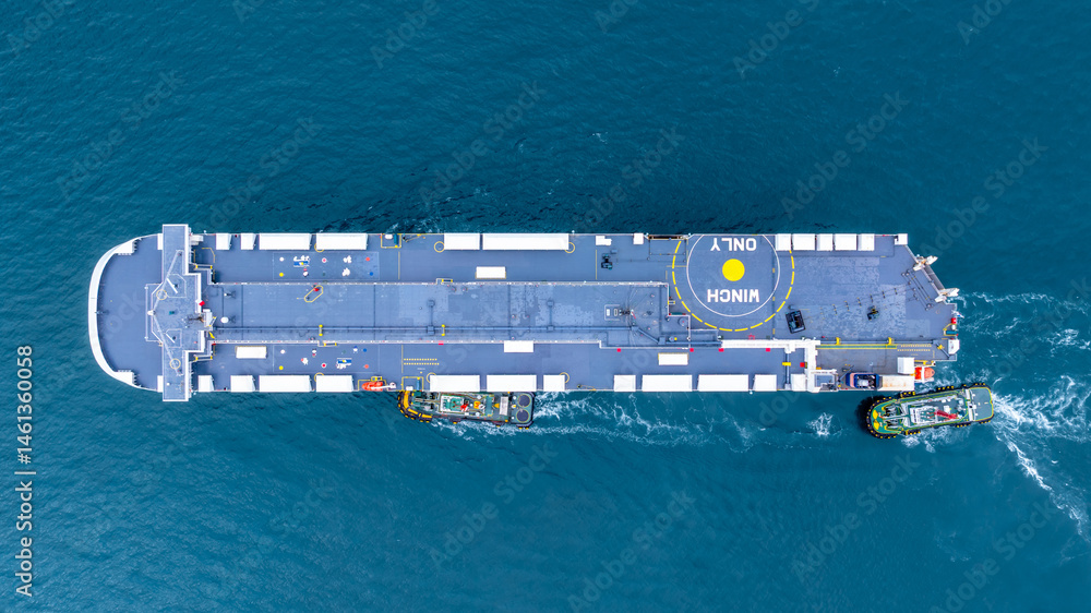 Aerial view RoRo Ship business logistic and transportation sea freight, Cargo and RoRo ship Roll On Roll Off ship at sea, Car carrier ship RO-RO Roll on Roll off.