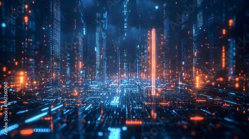Futuristic cityscape, illuminated by vibrant digital lights.