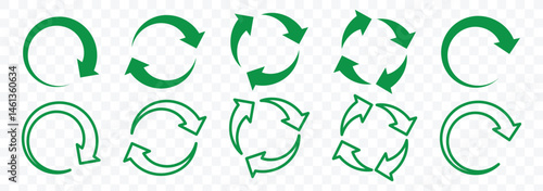 circle arrow icon set. Vector green set of recycled signs. Recycling icon collection. Reload circular arrows set. Vector set of green circle arrows isolated. Vector illustrator