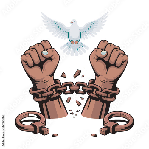 Powerful illustration of freedom symbolized by broken shackles and a flying dove of peace