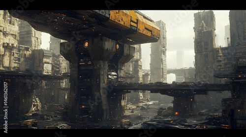 A futuristic cityscape of dilapidated structures.