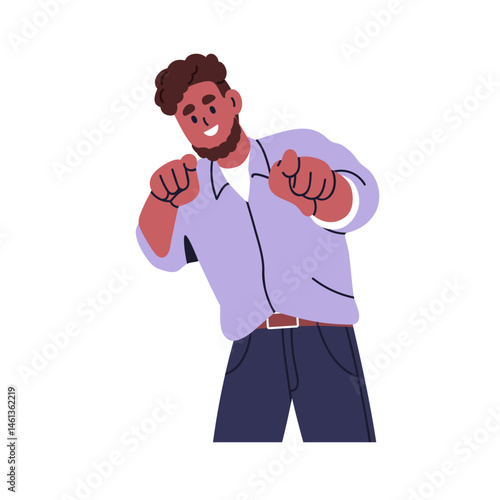 Friendly black man choosing you with pointing finger, hand gesture. Smiling happy person indicating candidate, recruiting, picking, enrolling. Flat vector illustration isolated on white background