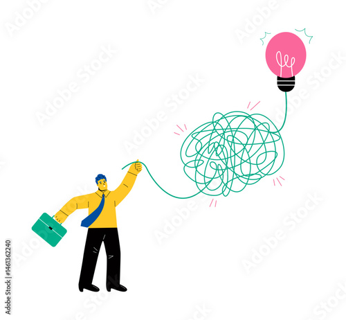 Creativity to solve problem concept. Business man pull lightbulb from messy knot. Flat vector illustration isolated on white