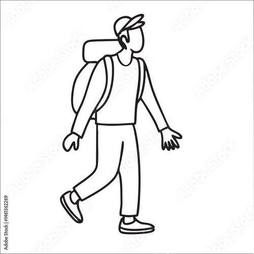 A man walks outdoors with a backpack.