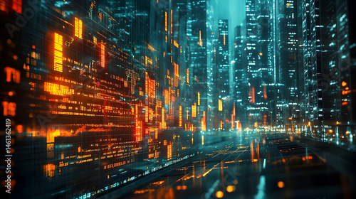 Futuristic city street illuminated by vibrant digital displays.