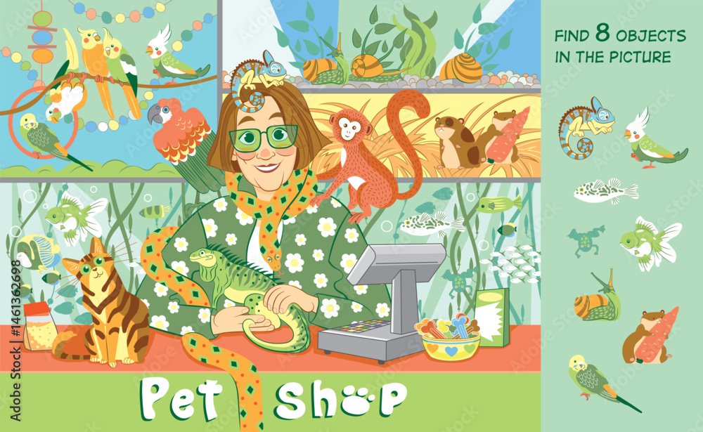 Fototapeta premium Come to our pet shop and choose a pet. Find 9 objects in the picture. Educational game for children. Cartoon vector illustration