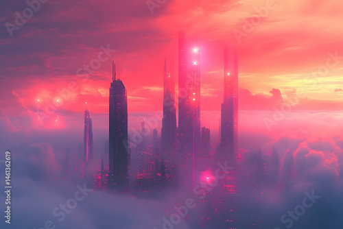 A futuristic cityscape shrouded in a vibrant sunset mist.