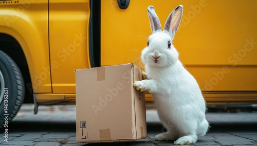 White rabbit holding a cardboard box near a yellow van (1)