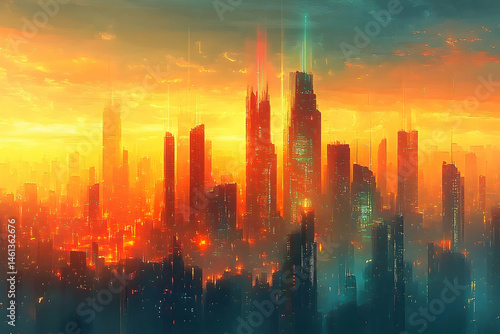 Fiery cityscape of a futuristic metropolis at sunset.