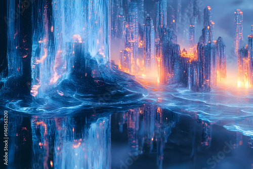 A futuristic city reflected in a mystical, water-filled valley.
