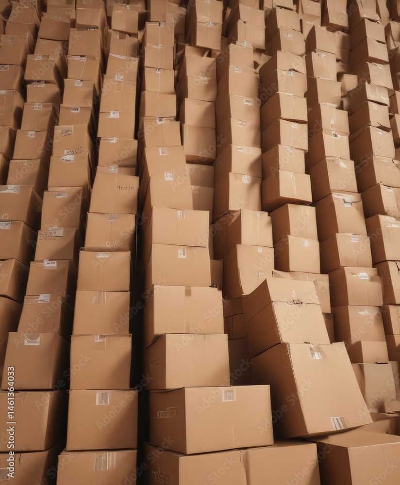 Fototapeta premium A towering pile of used brown cardboard boxes awaiting disposal , fiber, shipping