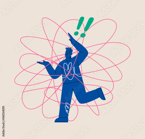 Complexity and difficulty concept. Man trapped in a complicated thread.  Colorful vector illustration