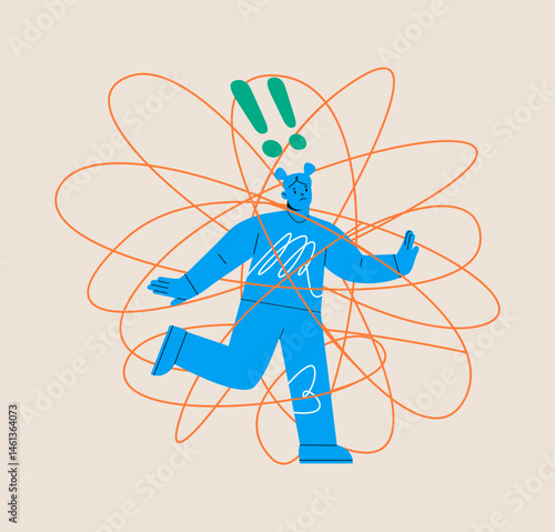 Complexity and difficulty concept. Woman trapped in a complicated thread.  Colorful vector illustration