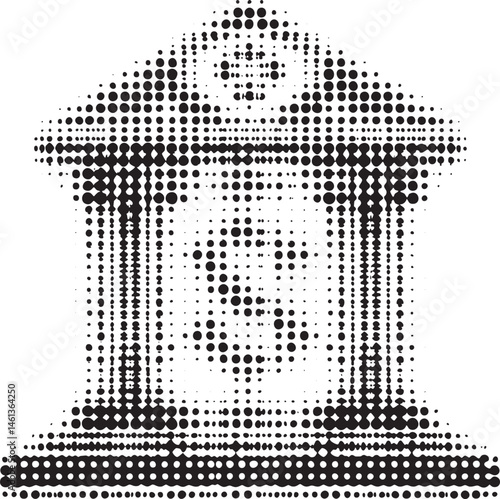 A grayscale architectural structure is formed by numerous small closely spaced dots.