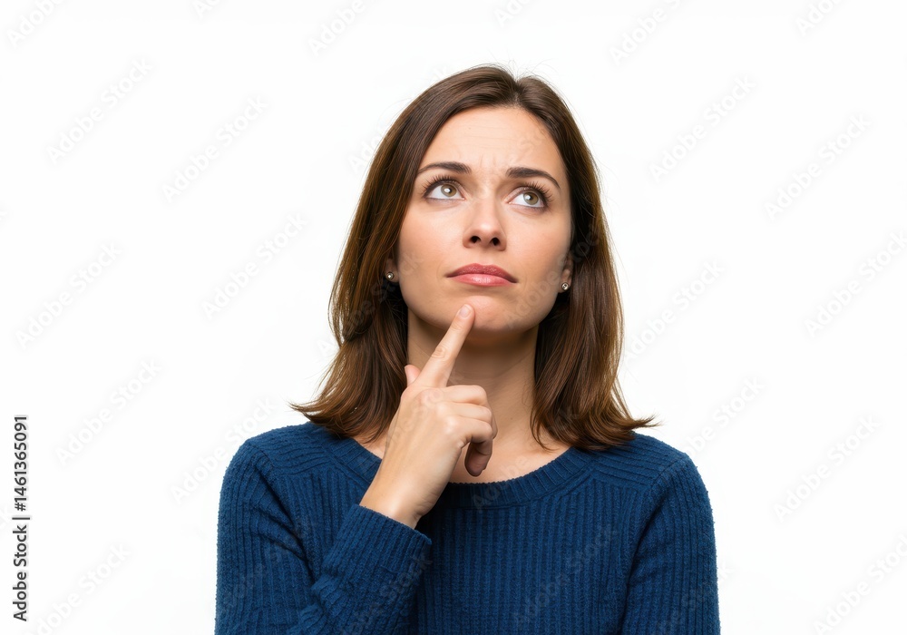 Woman looking up with finger on chin in thoughtful pose on white background Woman looking up with finger on chin in thoughtful pose on white background