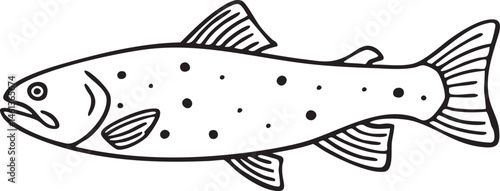 A stylized black and white of a trout swimming.