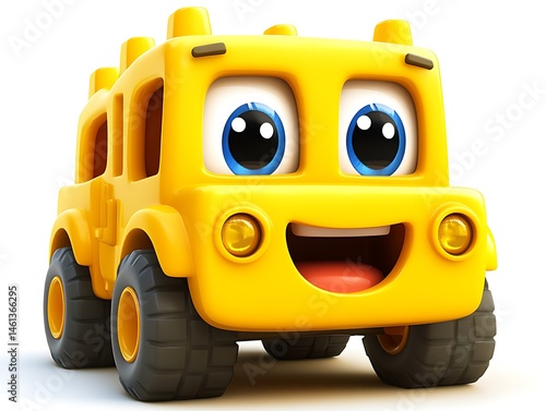 Animated yellow vehicle toy with friendly expression.