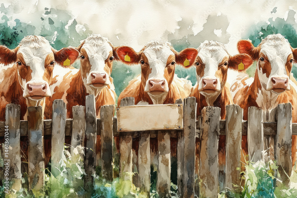 Five cows stand behind a rustic wooden fence with a