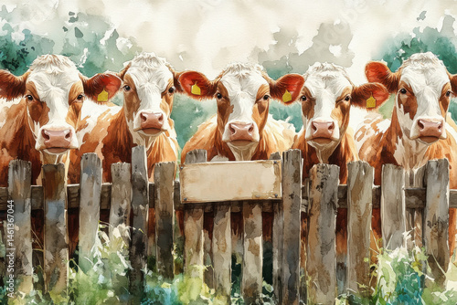 Obraz na płótnie Five cows stand behind a rustic wooden fence with a