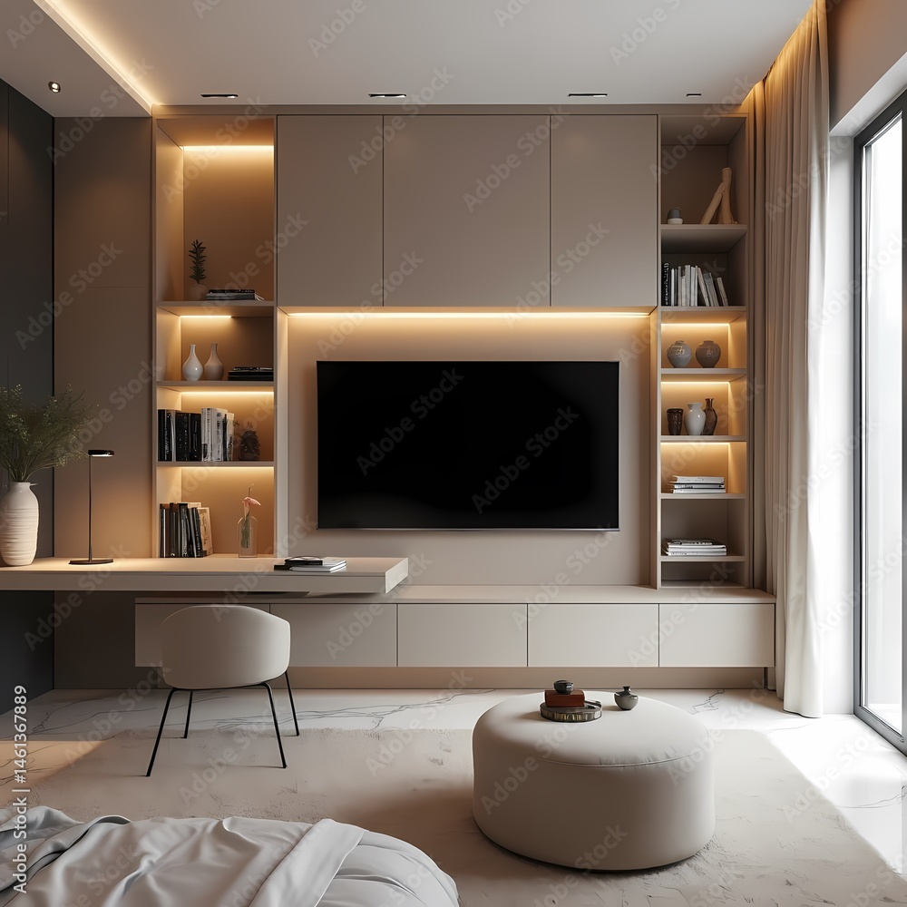 Fototapeta premium This modern living room interior features a flat screen television above a fireplace, complemented by stylish furniture in a comfortable home design