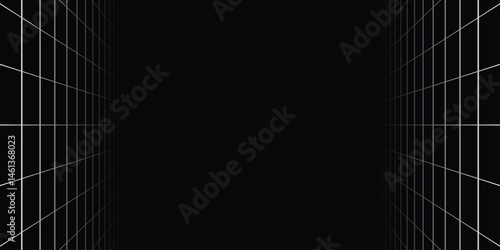 Wireframe black background. Vector perspective grid. Box with digital space.