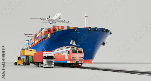 Quadro su tela Global Transportation Concept with Cargo Ship, Train, Truck, Forklift, and Airplane