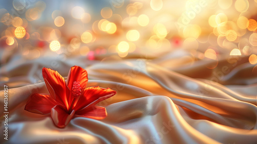 Wallpaper Mural Close-up of a red bauhinia brooch on silk, golden light on petals, festive city backdrop - celebrating Hong Kong's establishment day with elegance. Torontodigital.ca