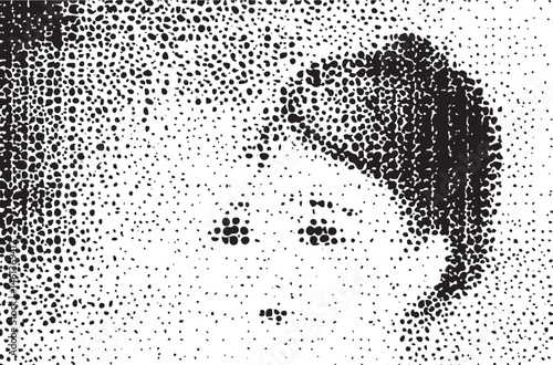 A young woman's face is depicted using a pointillism technique creating a textured portrait.