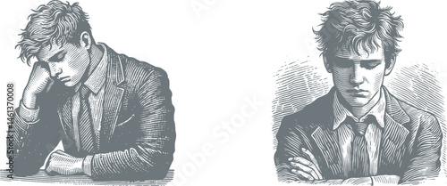 Gray color Engraving Designs Featuring a Job-Rejected Young Man with a Faint Frown – Emotional Portrait Art , Wood,  Metal Engraving – Expressive Vector Line Art
