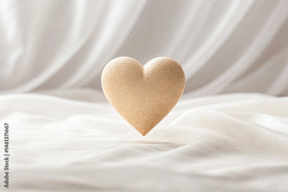Fototapeta premium Wooden heart on white fabric background. Valentine's day concept.