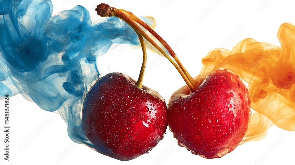 Juicy Cherries Surrounded by Colorful Smoke in Blue and Orange