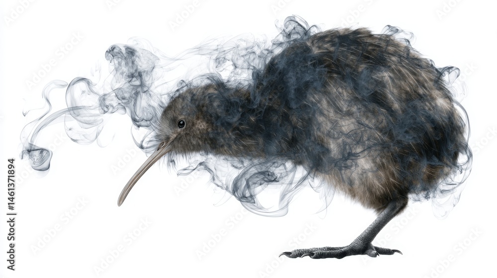Kiwi Bird Surrounded by Wisps of Smoke in Creative Artwork
